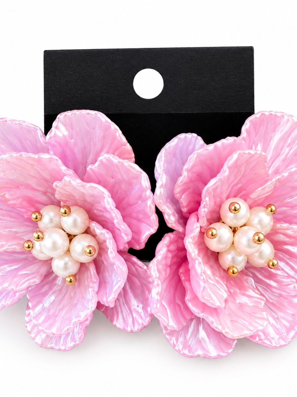 Pink Floral Pearl Cluster Statement Earrings
